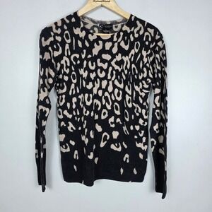 Bloomingdale's Cashmere Reverse Leopard Print Crew Neck Sweater XS Black Tan